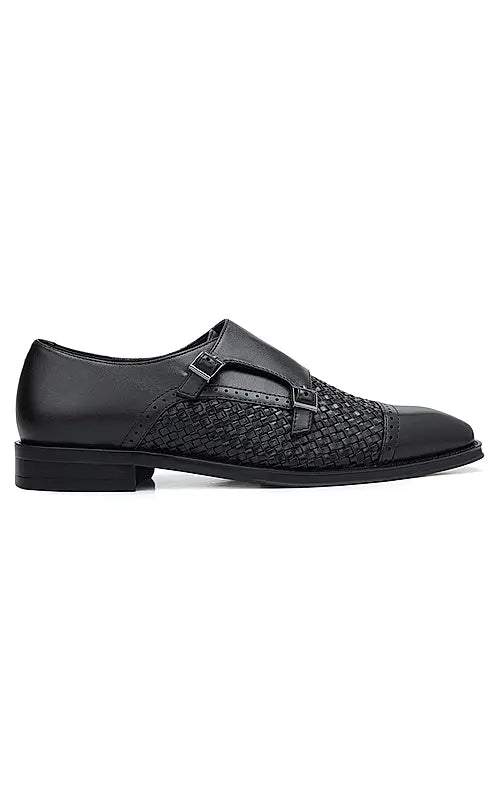 Black Textured Leather Monk Straps