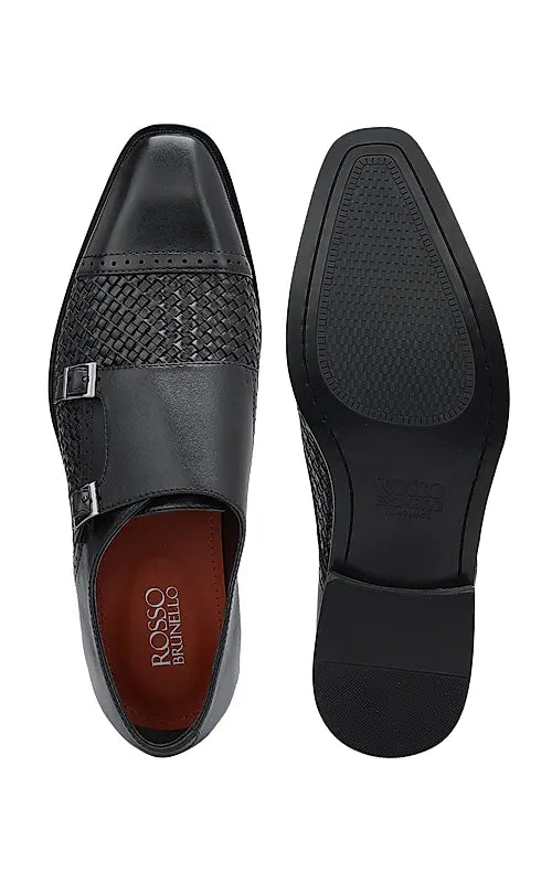 Black Textured Leather Monk Straps