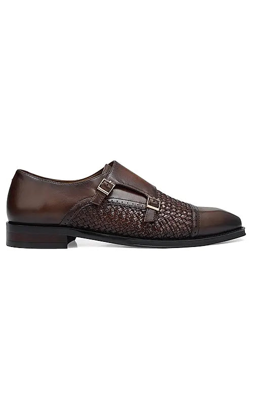 Brown Textured Leather Monk Straps