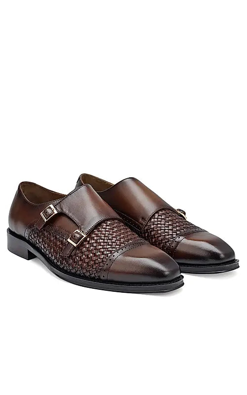 Brown Textured Leather Monk Straps