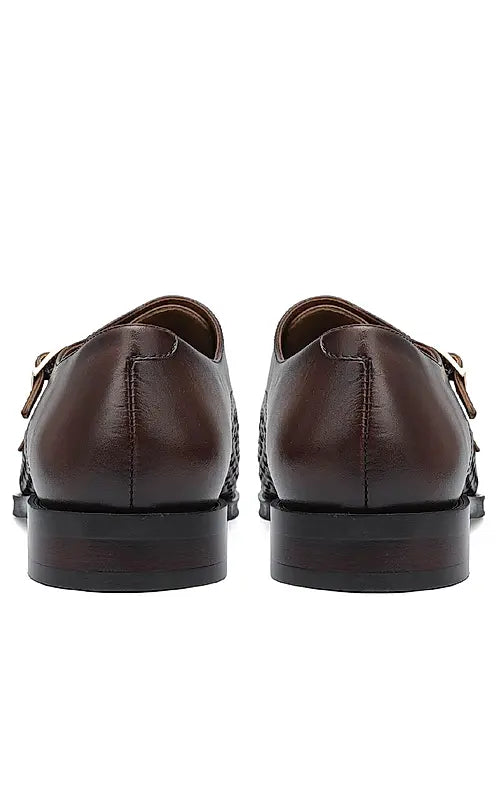 Brown Textured Leather Monk Straps