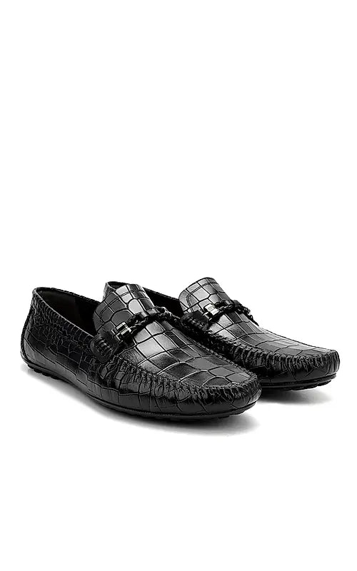 Black Croco Textured Moccasins