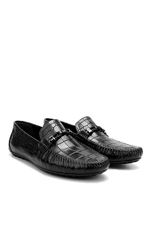 Black Croco Textured Moccasins