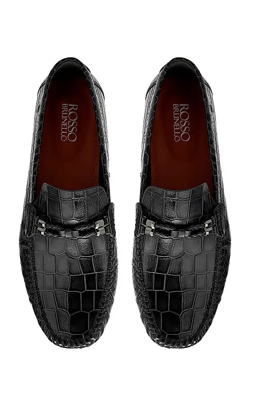 Black Croco Textured Moccasins