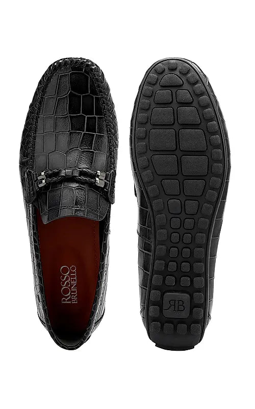 Black Croco Textured Moccasins