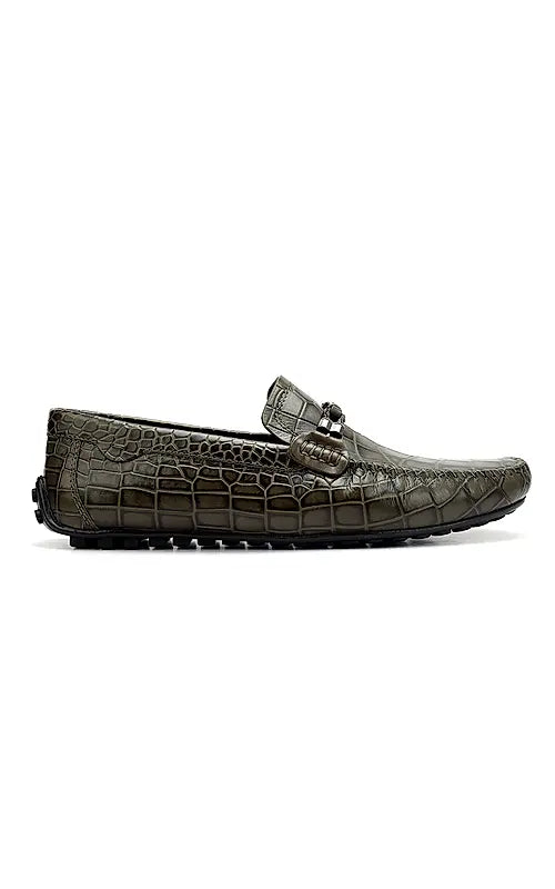 Green Croco Textured Moccasins