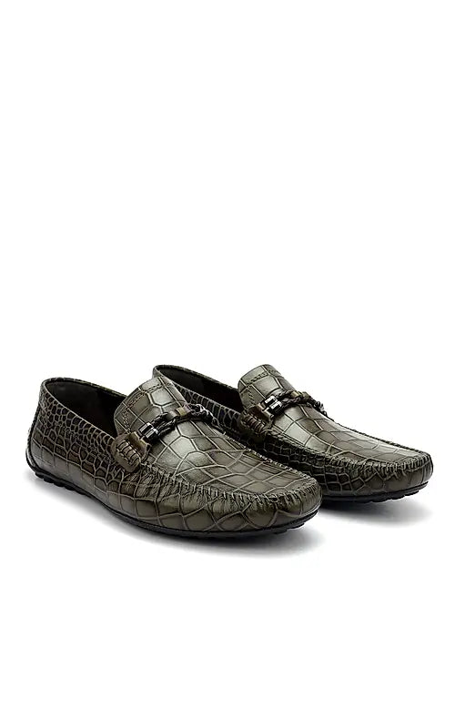 Green Croco Textured Moccasins