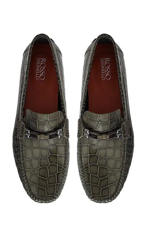 Green Croco Textured Moccasins