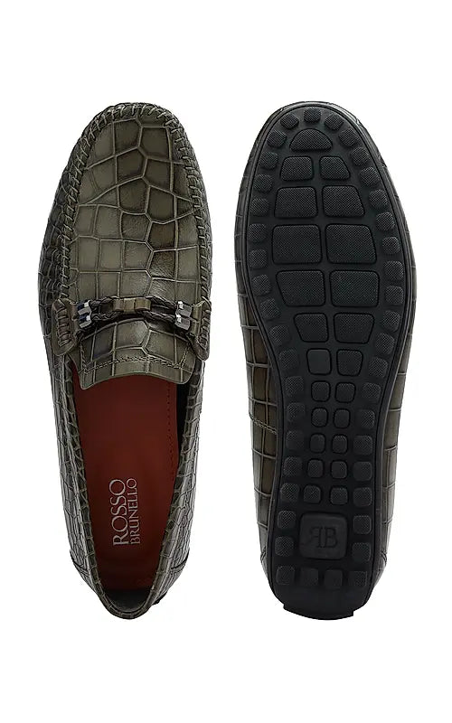 Green Croco Textured Moccasins