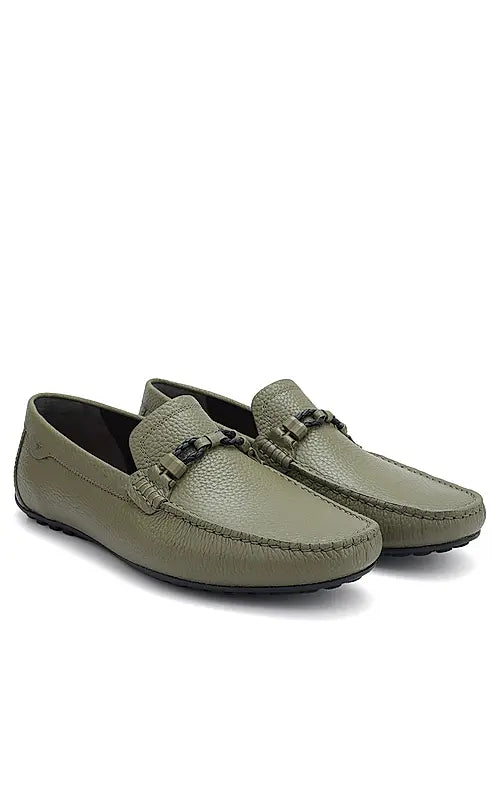 Green Moccasins With Braided Panel On Top