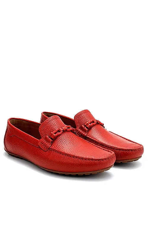 Red Moccasins With Braided Panel On Top