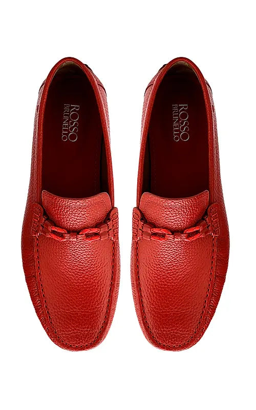 Red Moccasins With Braided Panel On Top