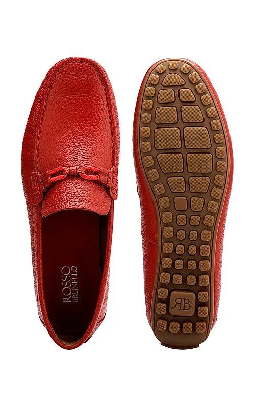 Red Moccasins With Braided Panel On Top