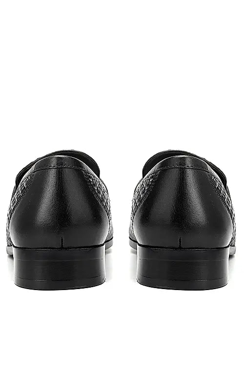 Black Textured Loafers With Tassels