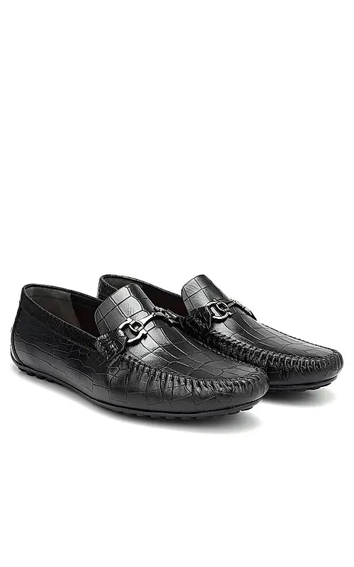 Black Croco Textured Moccasins