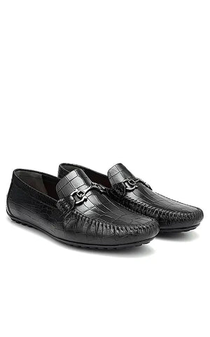 Black Croco Textured Moccasins