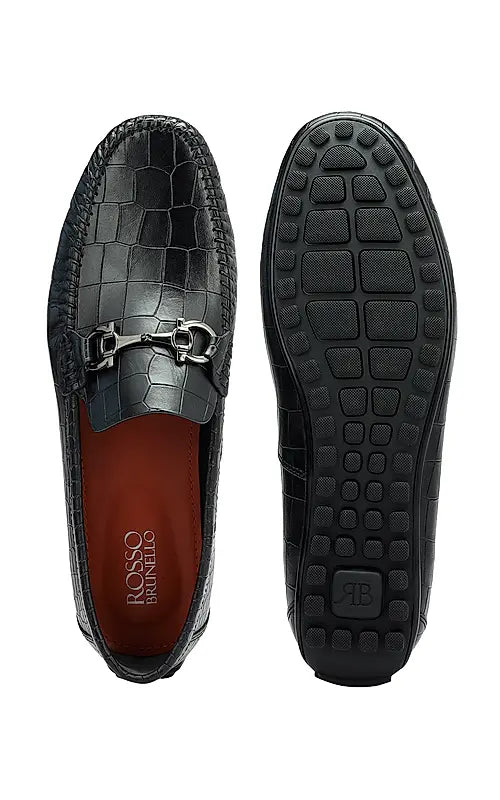 Black Croco Textured Moccasins