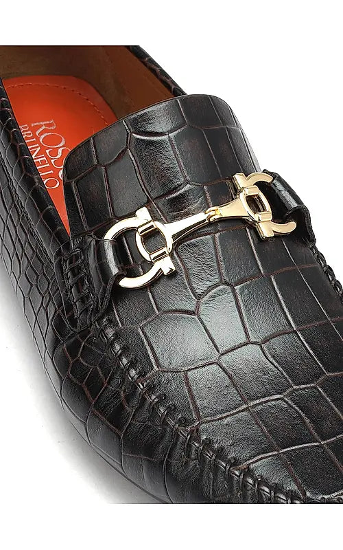 Brown Croco Textured Moccasins