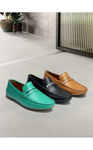 Green Textured Leather Moccasins