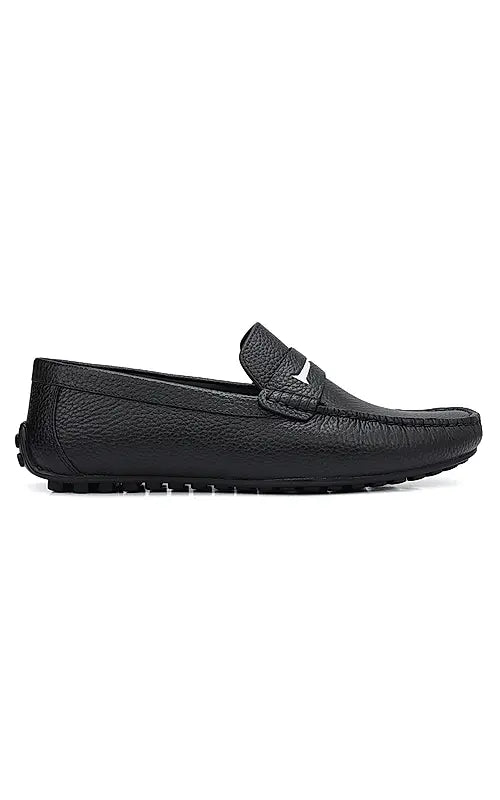 Black Textured Leather Moccasins