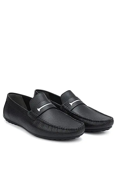 Black Textured Leather Moccasins