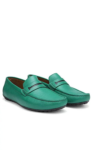 Green Textured Leather Moccasins