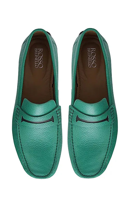 Green Textured Leather Moccasins