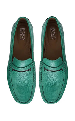 Green Textured Leather Moccasins