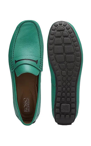 Green Textured Leather Moccasins