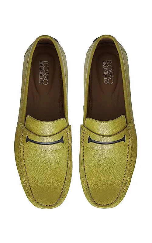 Green Textured Leather Moccasins