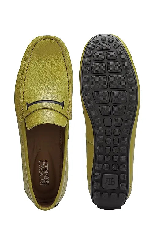 Green Textured Leather Moccasins
