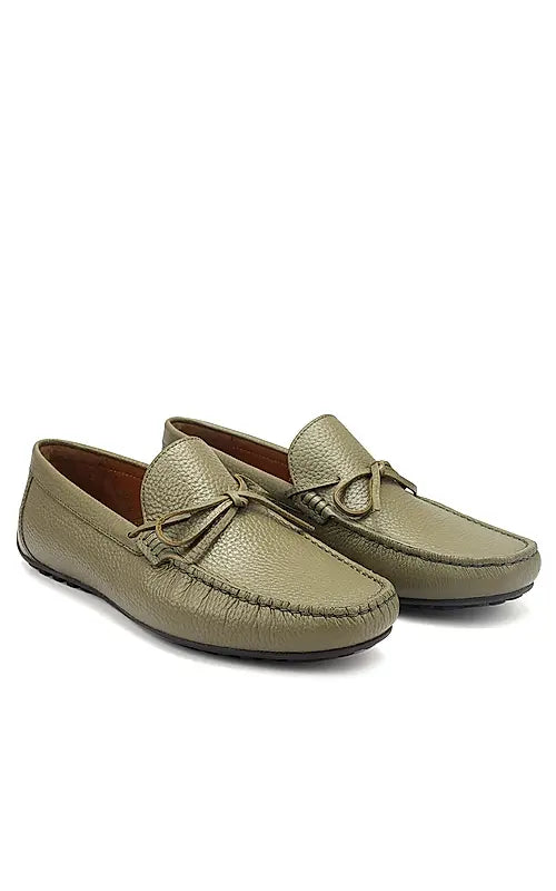 Green Leather Moccasins With Bow Detail