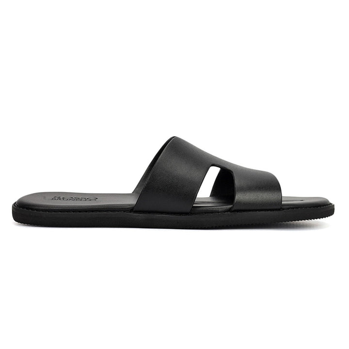 Black Plain Leather Slippers