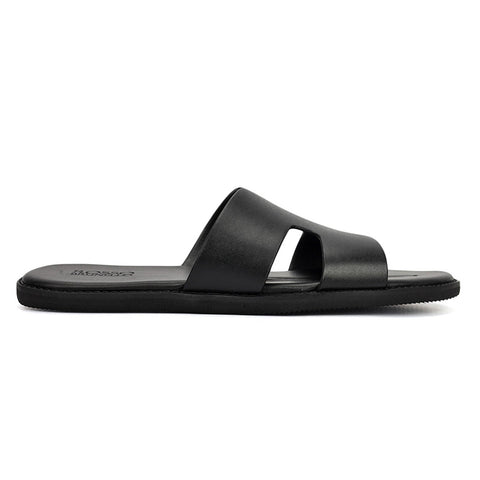 Black Plain Leather Slippers