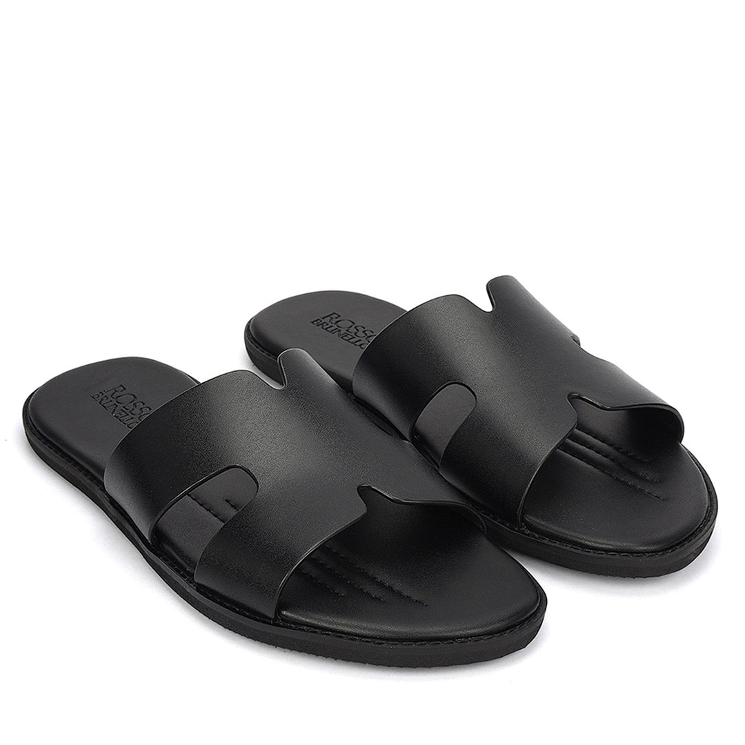 Black Plain Leather Slippers