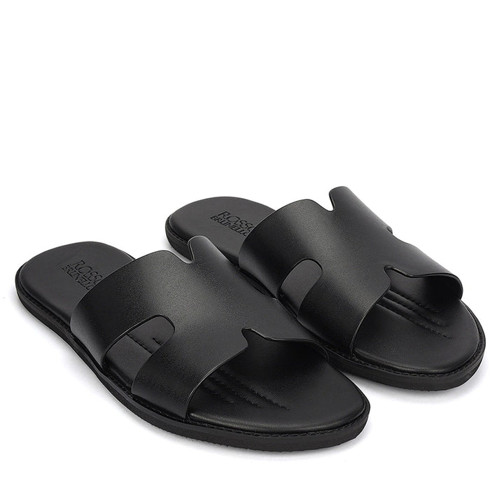 Black Plain Leather Slippers