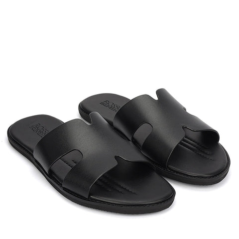 Black Plain Leather Slippers