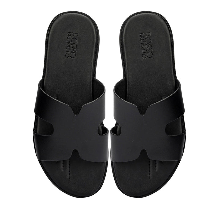 Black Plain Leather Slippers