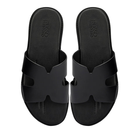 Black Plain Leather Slippers