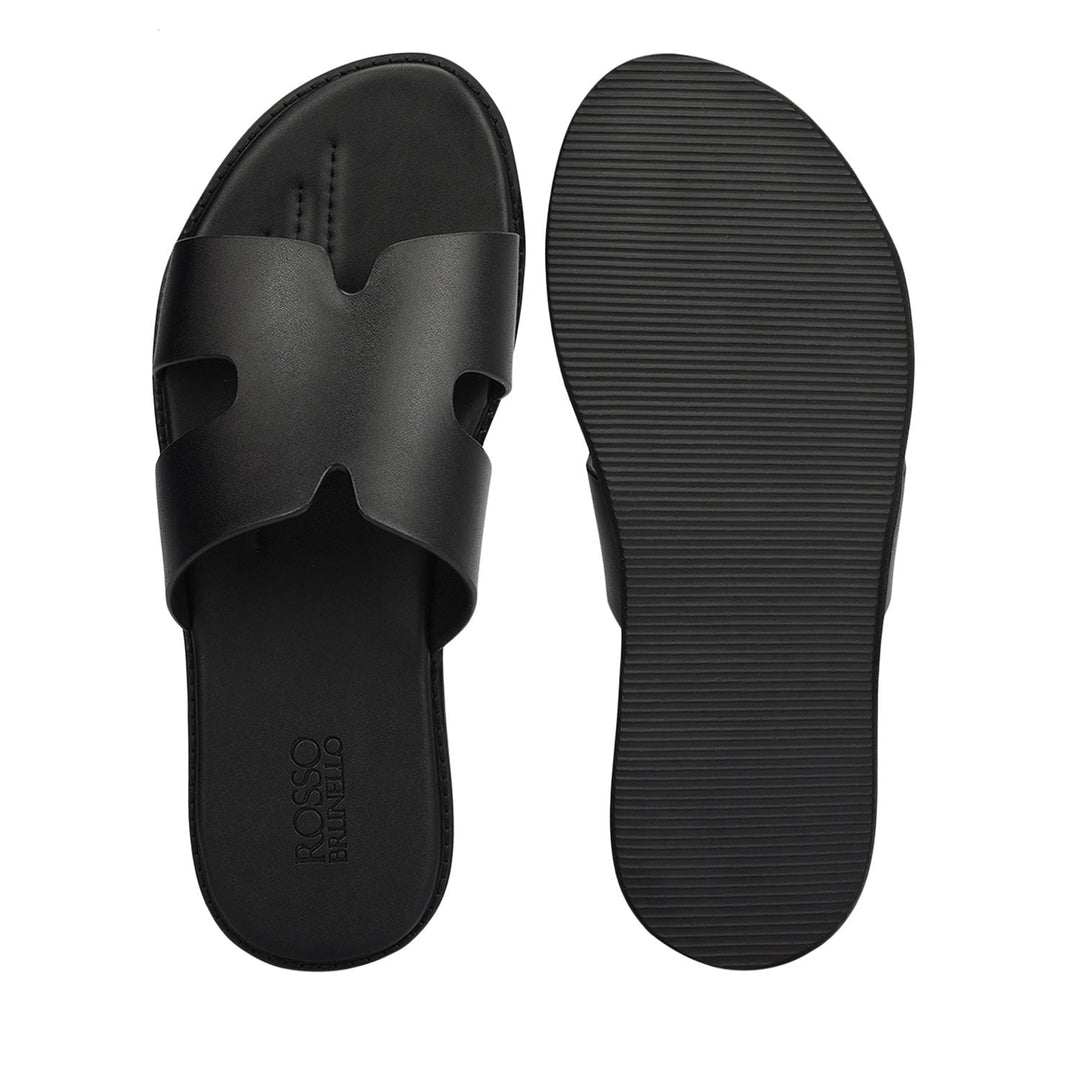 Black Plain Leather Slippers