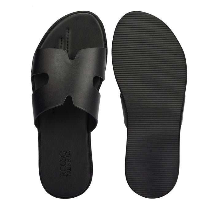 Black Plain Leather Slippers