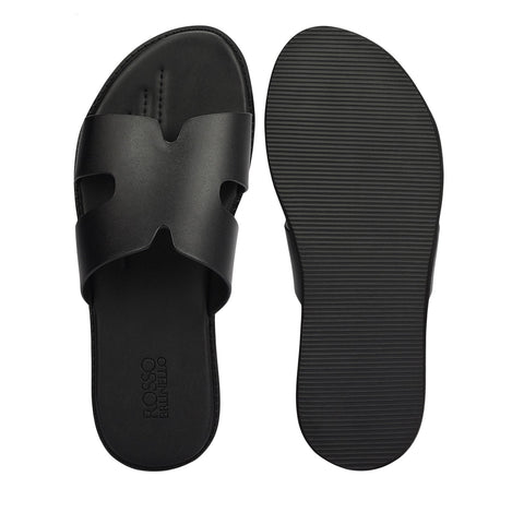 Black Plain Leather Slippers