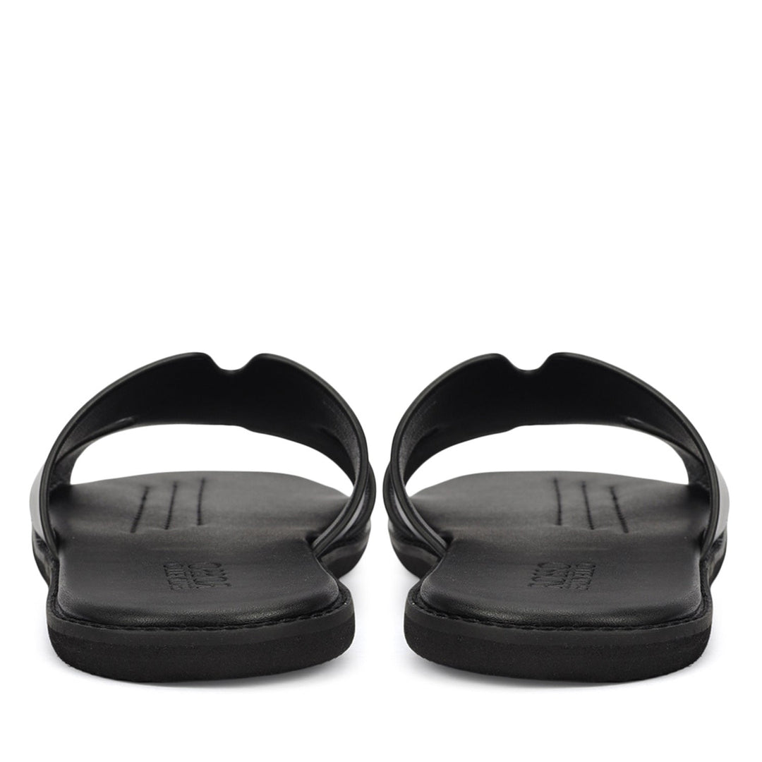 Black Plain Leather Slippers