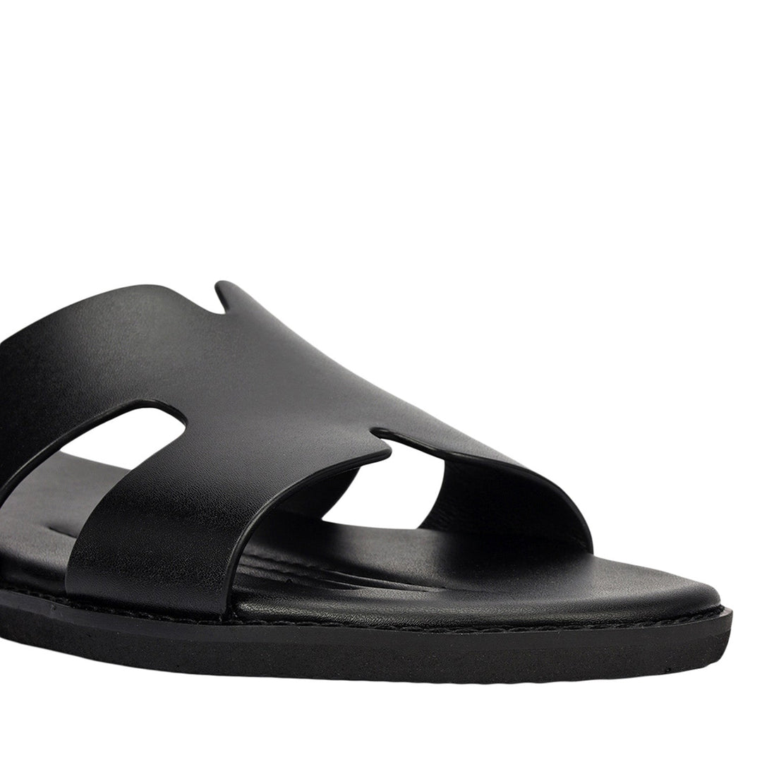 Black Plain Leather Slippers