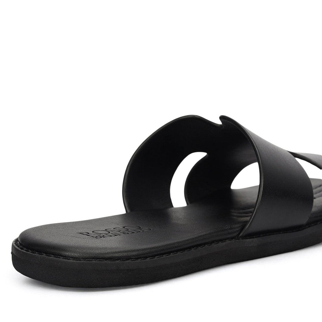 Black Plain Leather Slippers