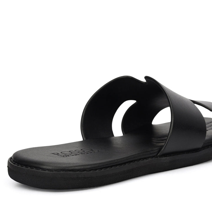 Black Plain Leather Slippers