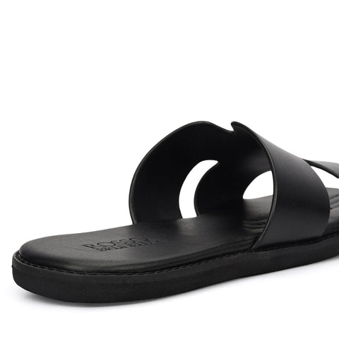 Black Plain Leather Slippers