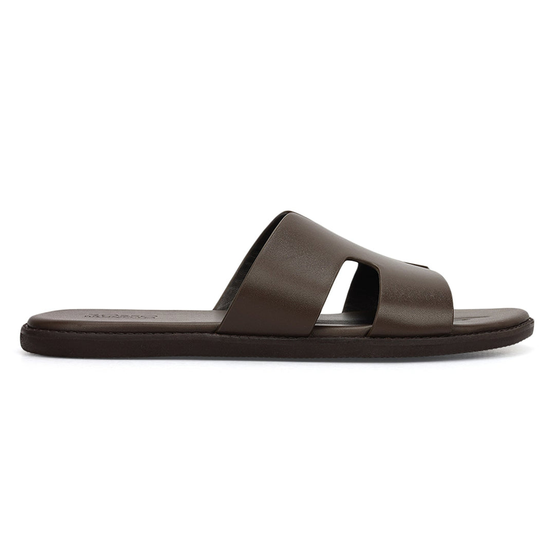Coffee Plain Leather Slippers