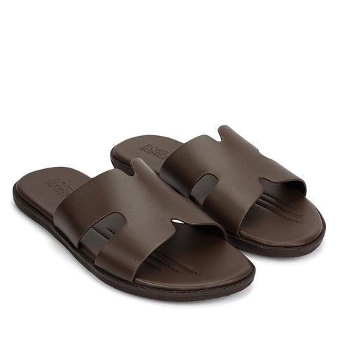 Coffee Plain Leather Slippers