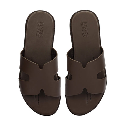 Coffee Plain Leather Slippers